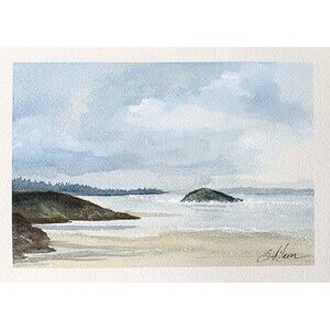 Watercolor Painting Original Seascape Coast Beach Sky Rock "Pendulum" Signed 5x7
